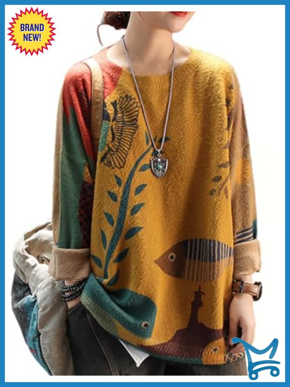 Graphic Printed Oversized Pullover Sweater Women Crew Neck Long Sleeve